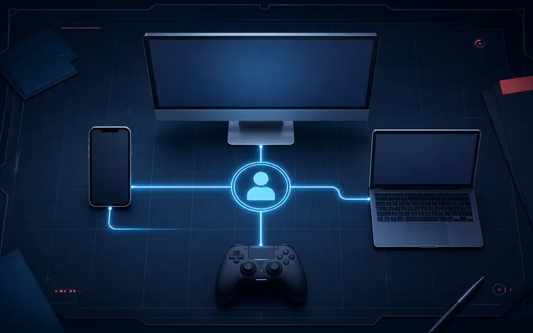 Desktop, ponsel, laptop, dan kontroler terhubung ke satu jalur akun